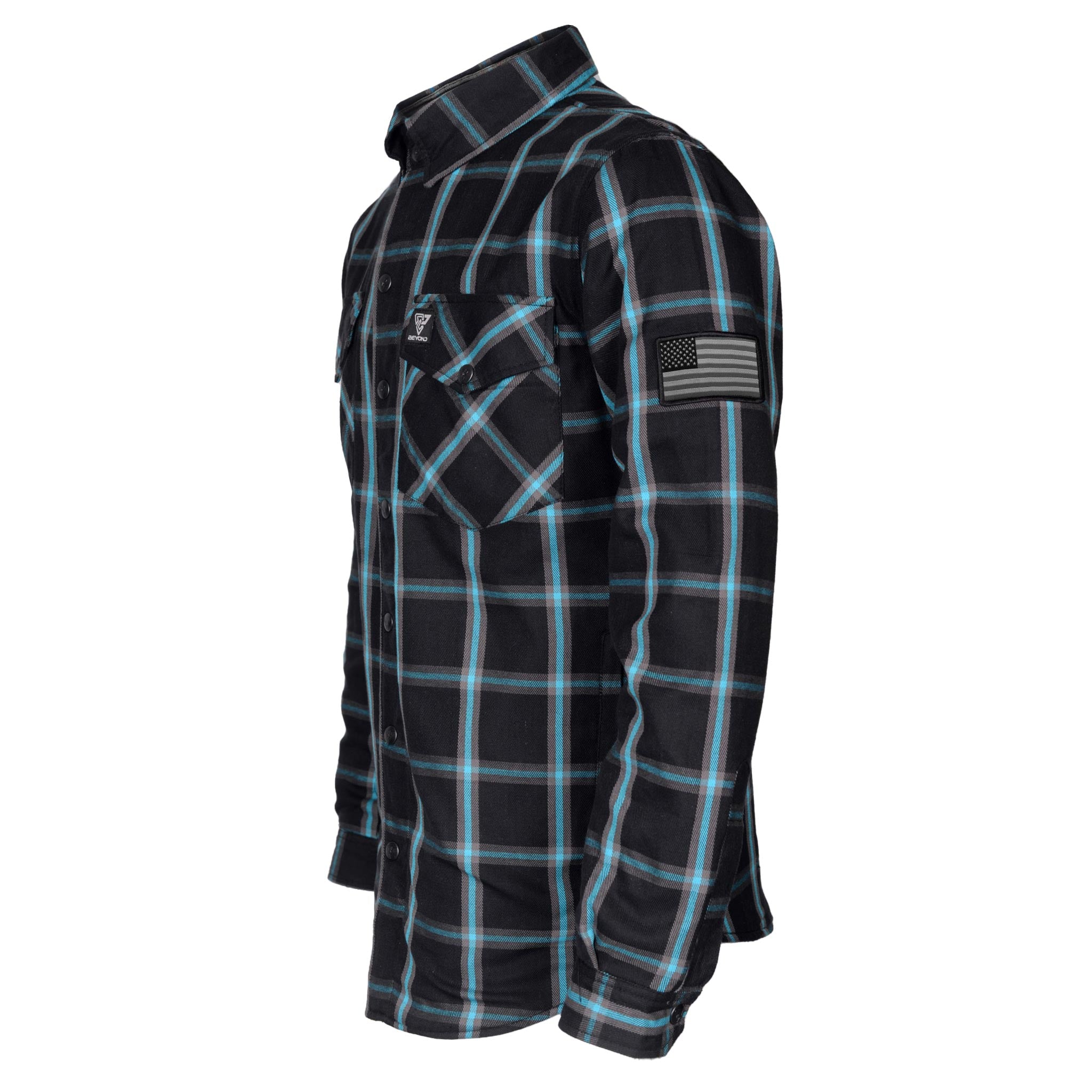 flannel-men's-shirt-in-black-checkered-blue-stipes-with-USA-flag-on-sleeve