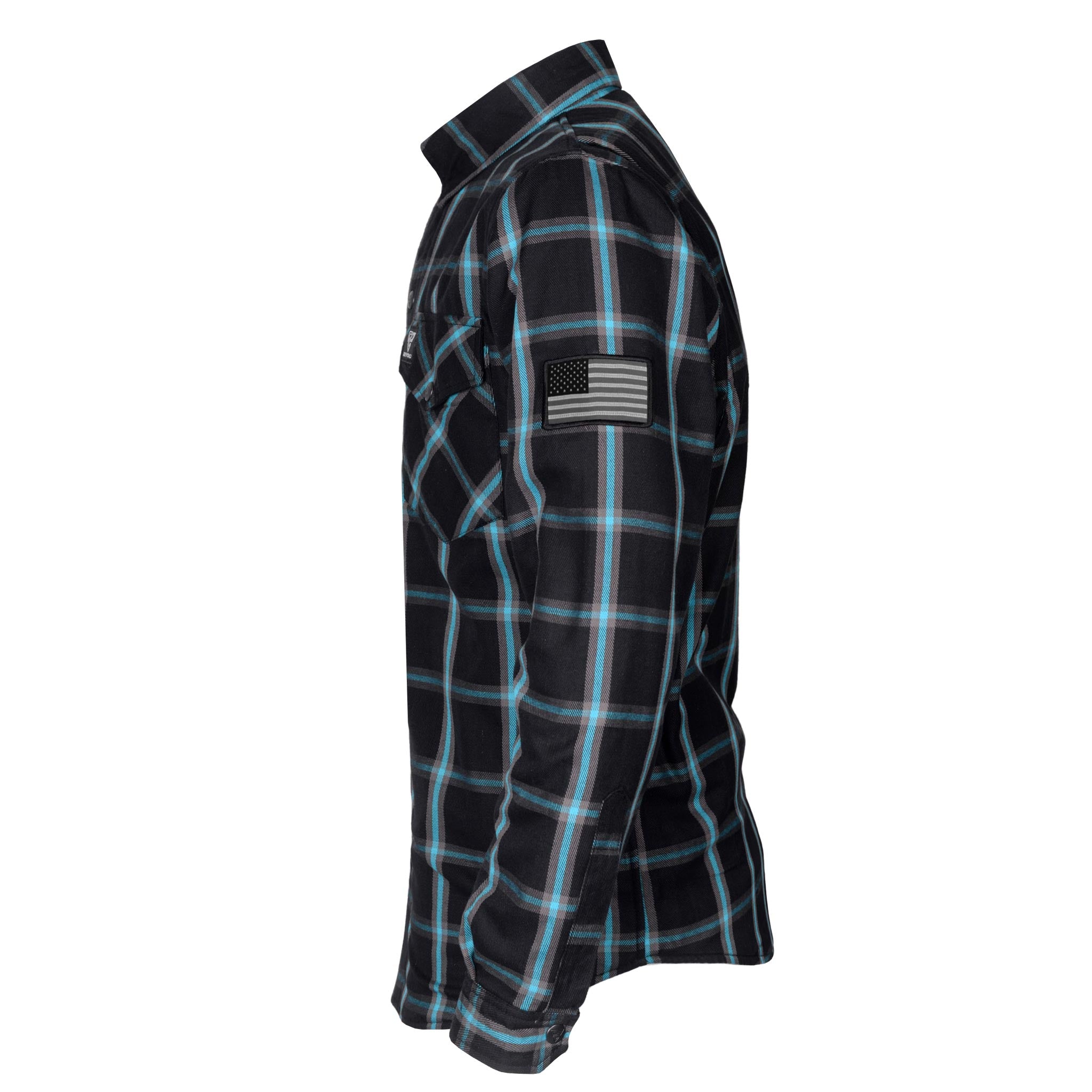 flannel-men's-shirt-in-black-checkered-blue-stipes-with-USA-flag-on-sleeve-left-side