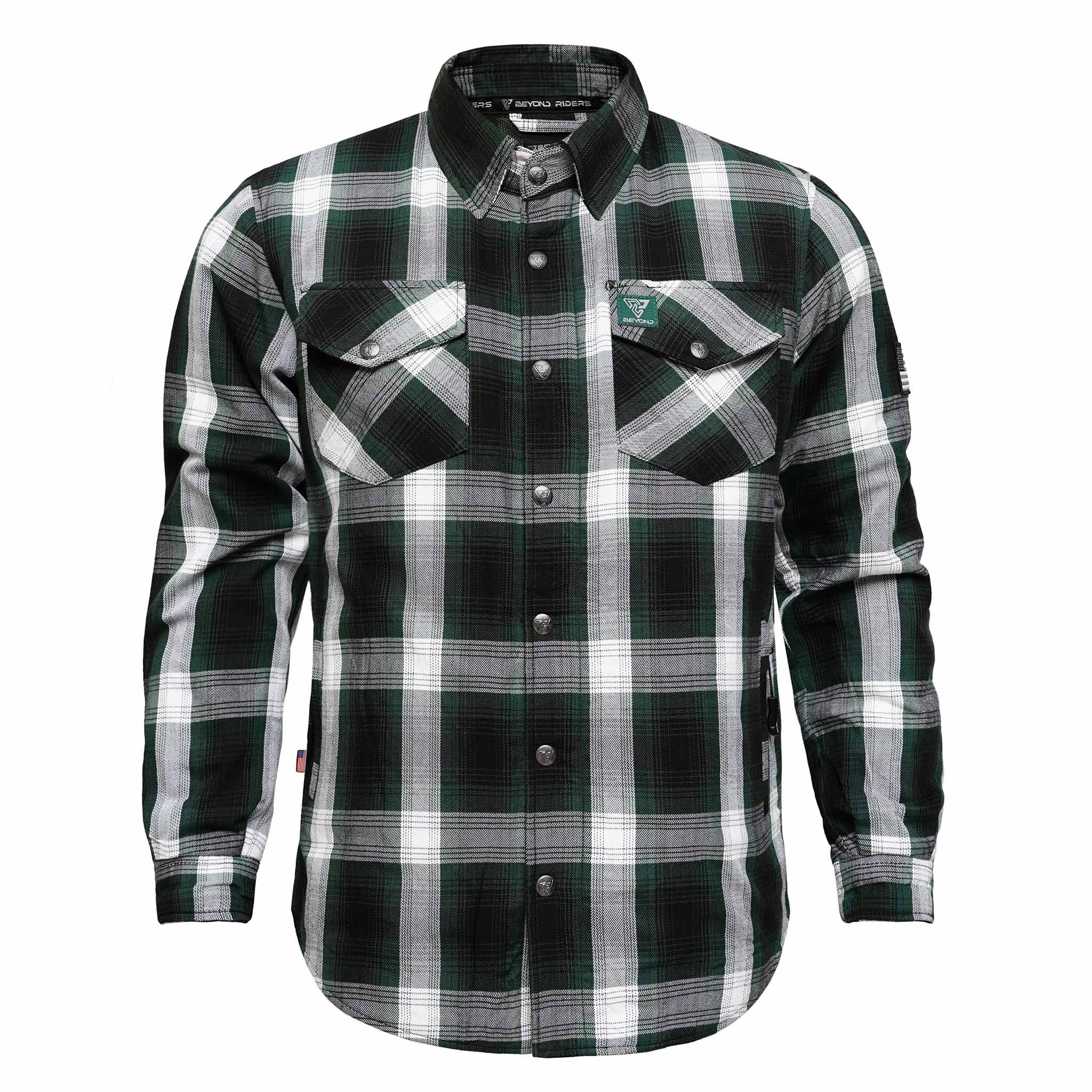 Protective Flannel Shirt For Men - Green Ridge Plaid with Pads Beyond Riders Protective Flannel Shirt For Men - Green Ridge Plaid with Pads Beyond Riders