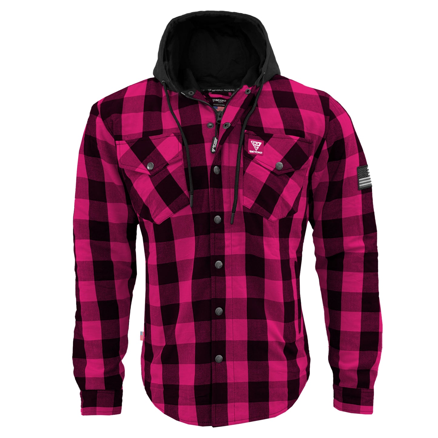 Protective Flannel Hoodie For Men - Pink and Black Checkered with Pads
