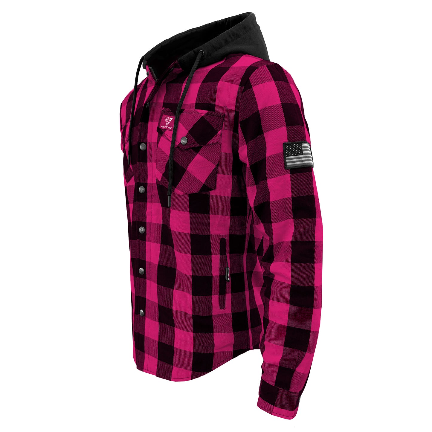 Protective Flannel Hoodie For Men - Pink and Black Checkered with Pads