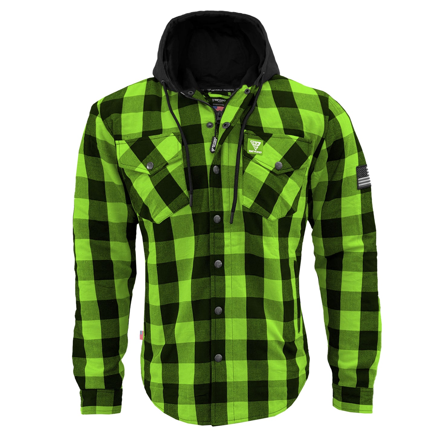 Protective Flannel Hoodie For Men - Green and Black Checkered with Pads