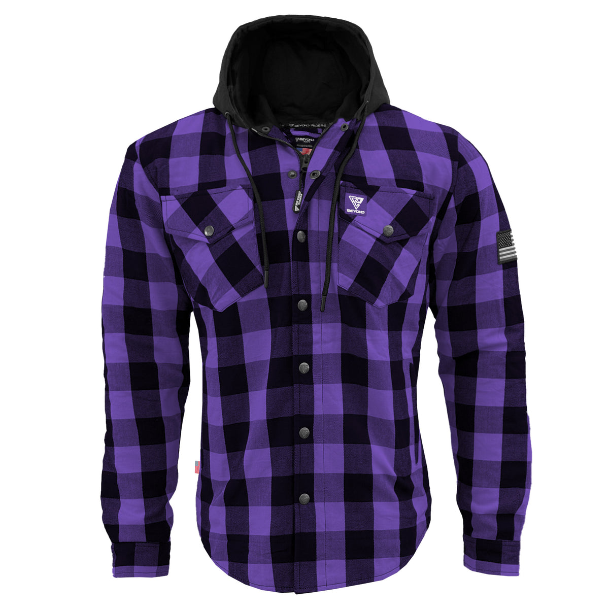 Protective Flannel Hoodie For Men Purple and Black Checkered with Pads