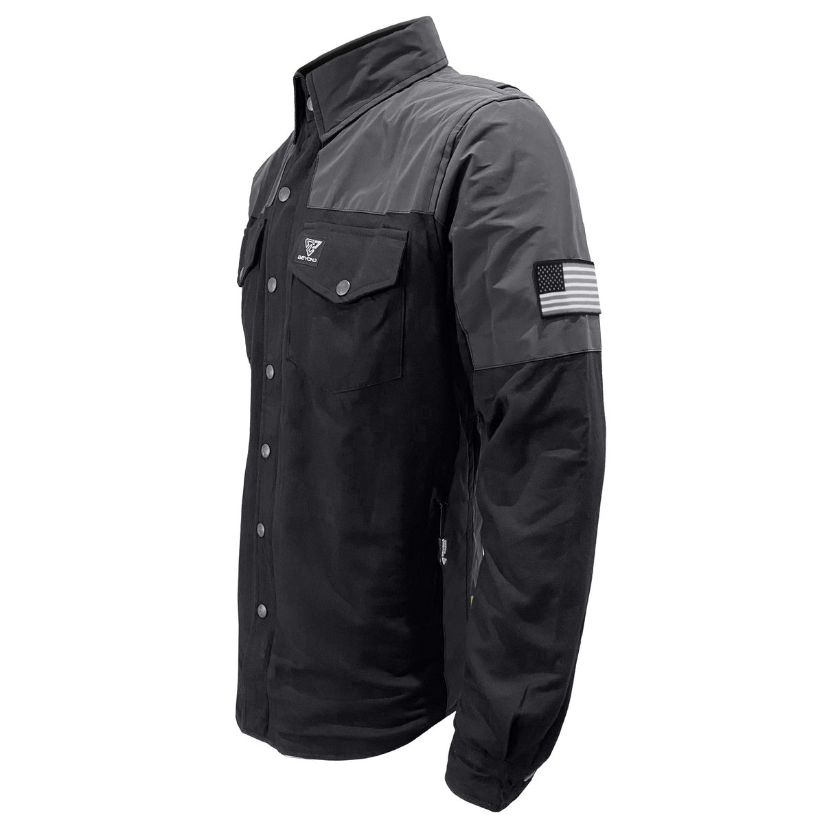 Men's-Reflective-Flannel-Shirt-on-Black-Left-45-Degrees