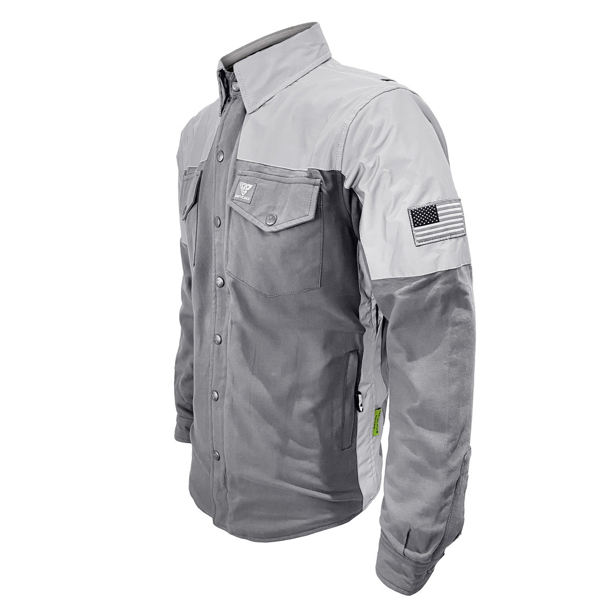 Men's-Reflective-Flannel-Shirt-Gray-and-Silver-Left-45-Degrees