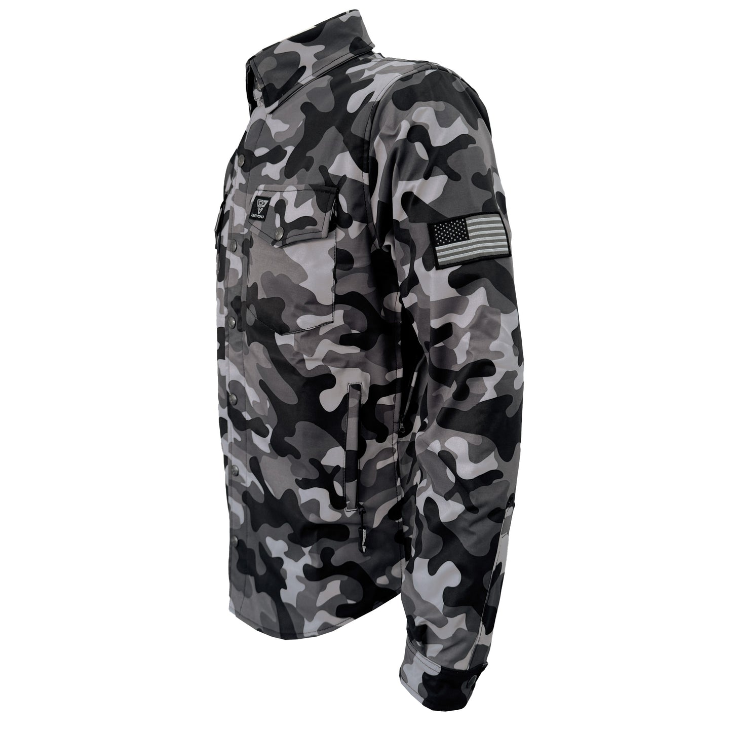 Protective SoftShell Winter Jacket for Men - Camouflage Gray Boomer with Pads
