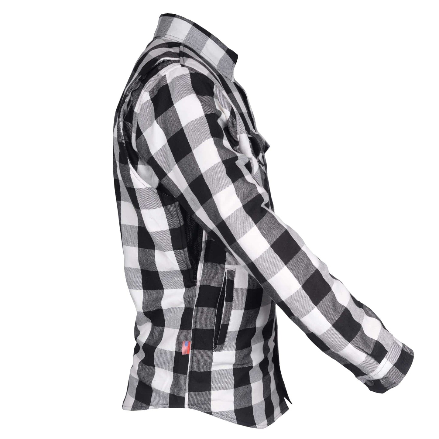 men's-flannel-shirt-white-black-checkered-with-right-sleeve-raised