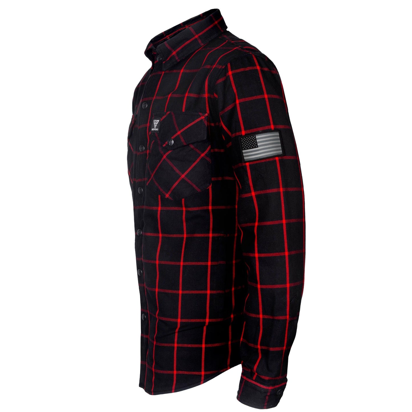 Flannel-Shirt-for-Men-Black-with-Red-Stripes-Side-45-Degrees