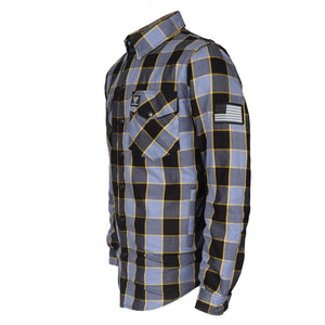 Flannel-Shirt-for-Men-in-Grey-Checkered-and-Yellow-Stripes-with-USA-Flag-on-Sleeve