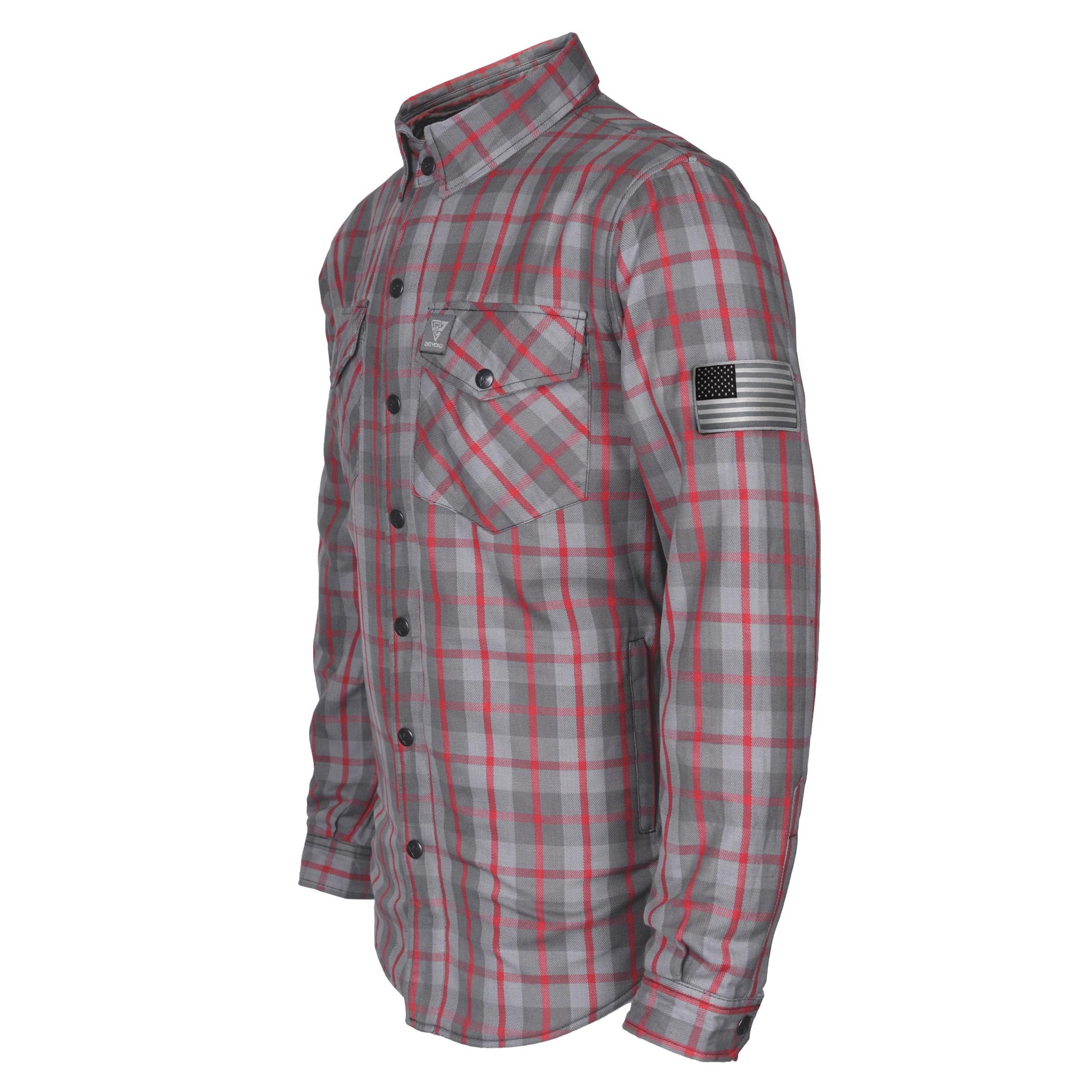 Flannel-Shirt-for-Men-in-Grey-with-Red-Stripes-Left-45-Degrees