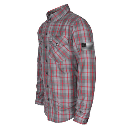 Flannel-Shirt-for-Men-in-Grey-with-Red-Stripes-Left-45-Degrees