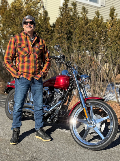 Shirt For Men Flame Orange, Black, Red Plaid with Pads – Beyond