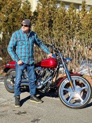 Protective Flannel Shirt For Men - Grey and Aqua Blue Plaid with Pads