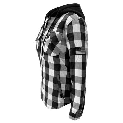Protective Flannel Hoodie for Women - White and Black Checkered with Pads