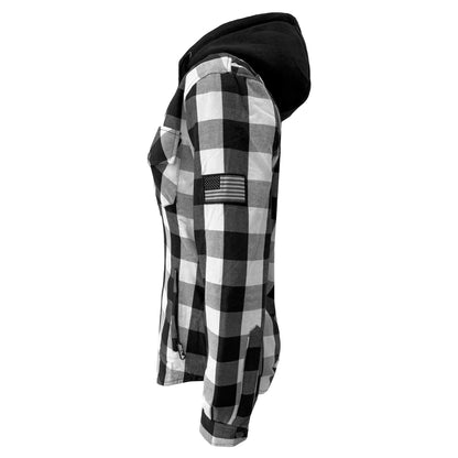 Protective Flannel Hoodie for Women - White and Black Checkered with Pads