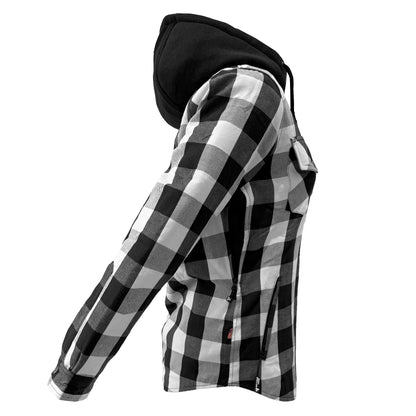 Protective Flannel Hoodie for Women - White and Black Checkered with Pads