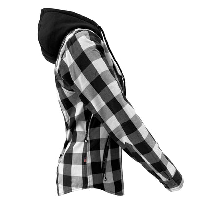 Protective Flannel Hoodie for Women - White and Black Checkered with Pads