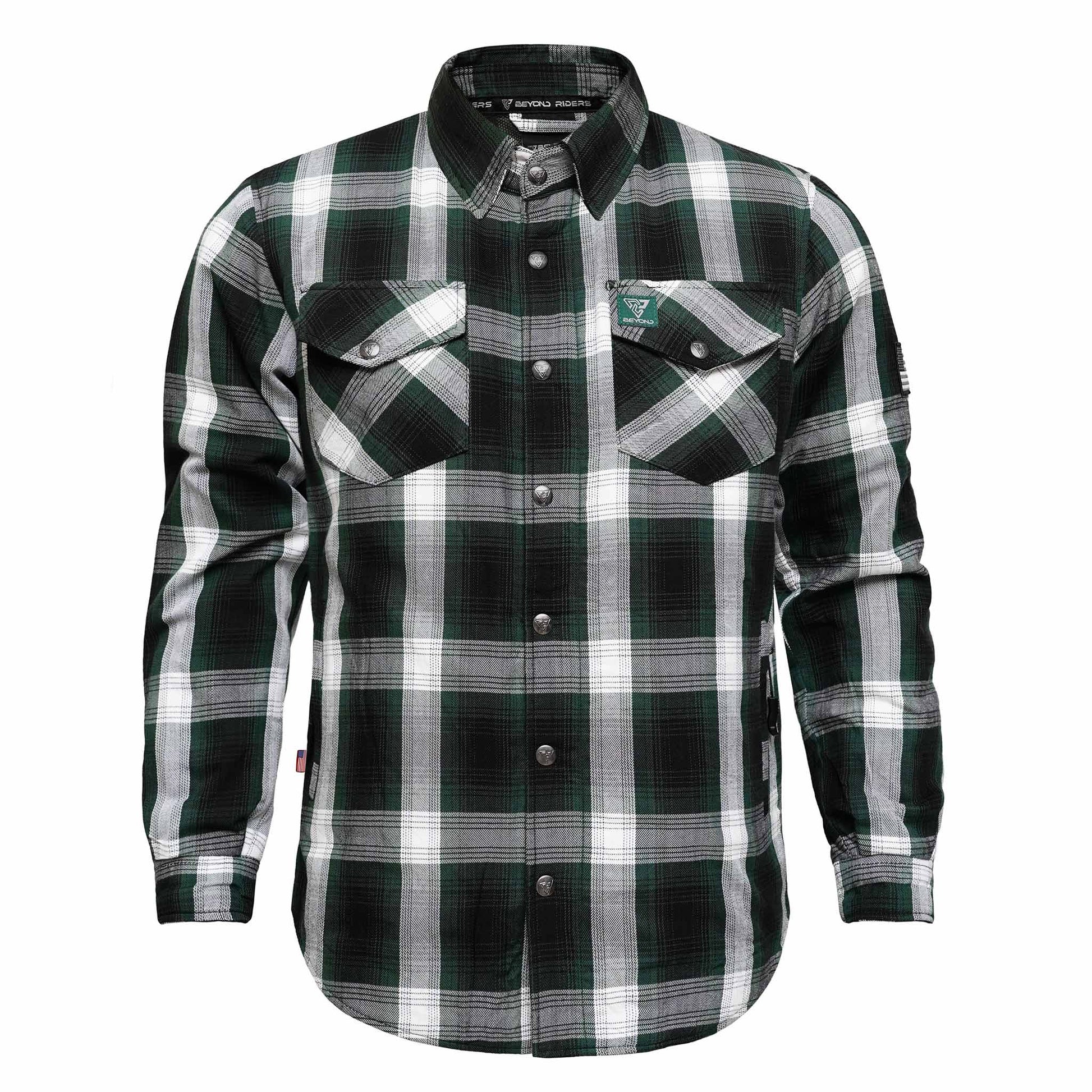 Protective Flannel Shirt For Men - Green Ridge Plaid with Pads Beyond Riders Protective Flannel Shirt For Men - Green Ridge Plaid with Pads Beyond Riders