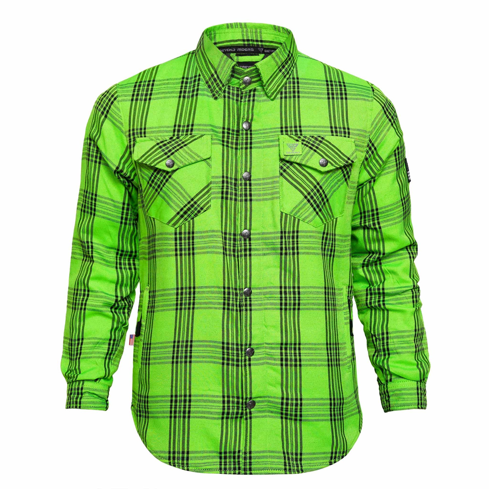 Protective Flannel Shirt For Men - Green Reaper Plaid with Pads Beyond Riders Protective Flannel Shirt For Men - Green Reaper Plaid with Pads Beyond Riders