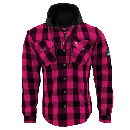 Protective Flannel Hoodie For Men - Pink and Black Checkered with Pads