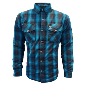 Protective Flannel Shirt For Men - Grey and Aqua Blue Plaid with Pads