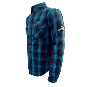 Protective Flannel Shirt For Men - Grey and Aqua Blue Plaid with Pads