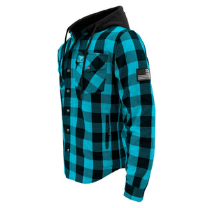 Protective Flannel Hoodie For Men - Aqua Blue and Black Checkered with Pads