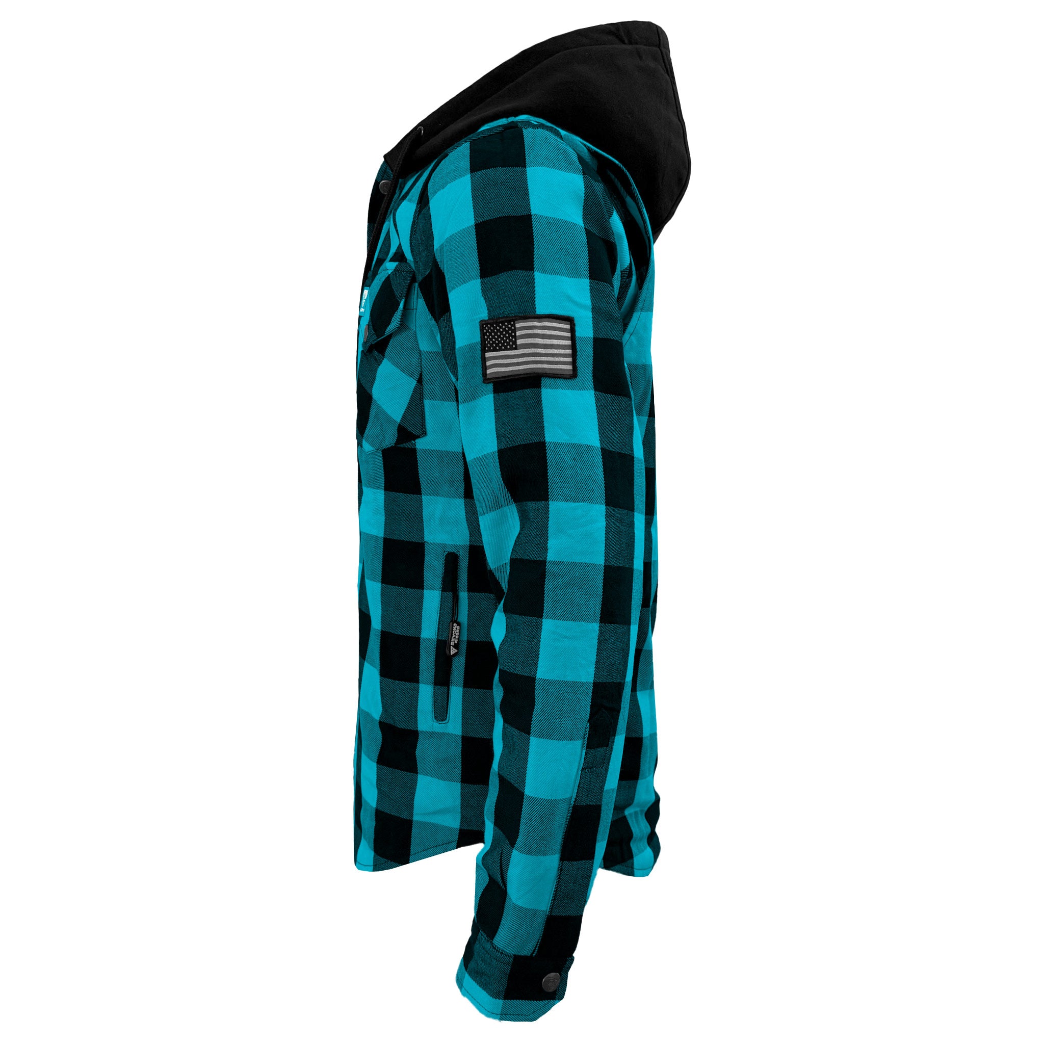 Protective Flannel Hoodie For Men - Aqua Blue and Black Checkered with Pads