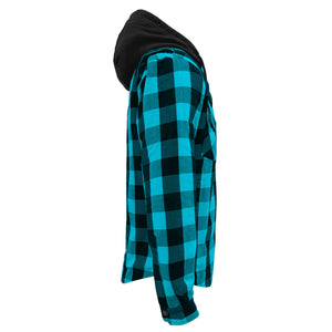 Protective Flannel Hoodie For Men - Aqua Blue and Black Checkered with Pads