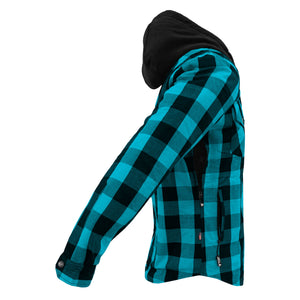 Protective Flannel Hoodie For Men - Aqua Blue and Black Checkered with Pads