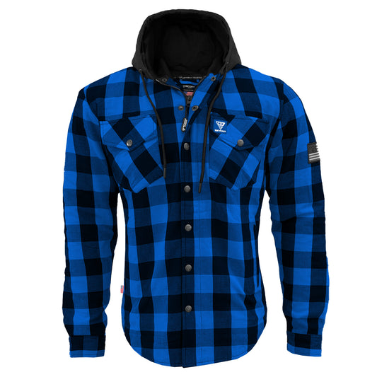 Protective Flannel Hoodie For Men - Blue and Black Checkered with Pads