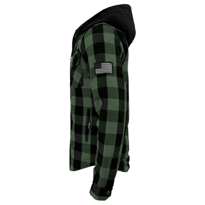 Protective Flannel Hoodie For Men - Dark Green and Black Checkered with Pads
