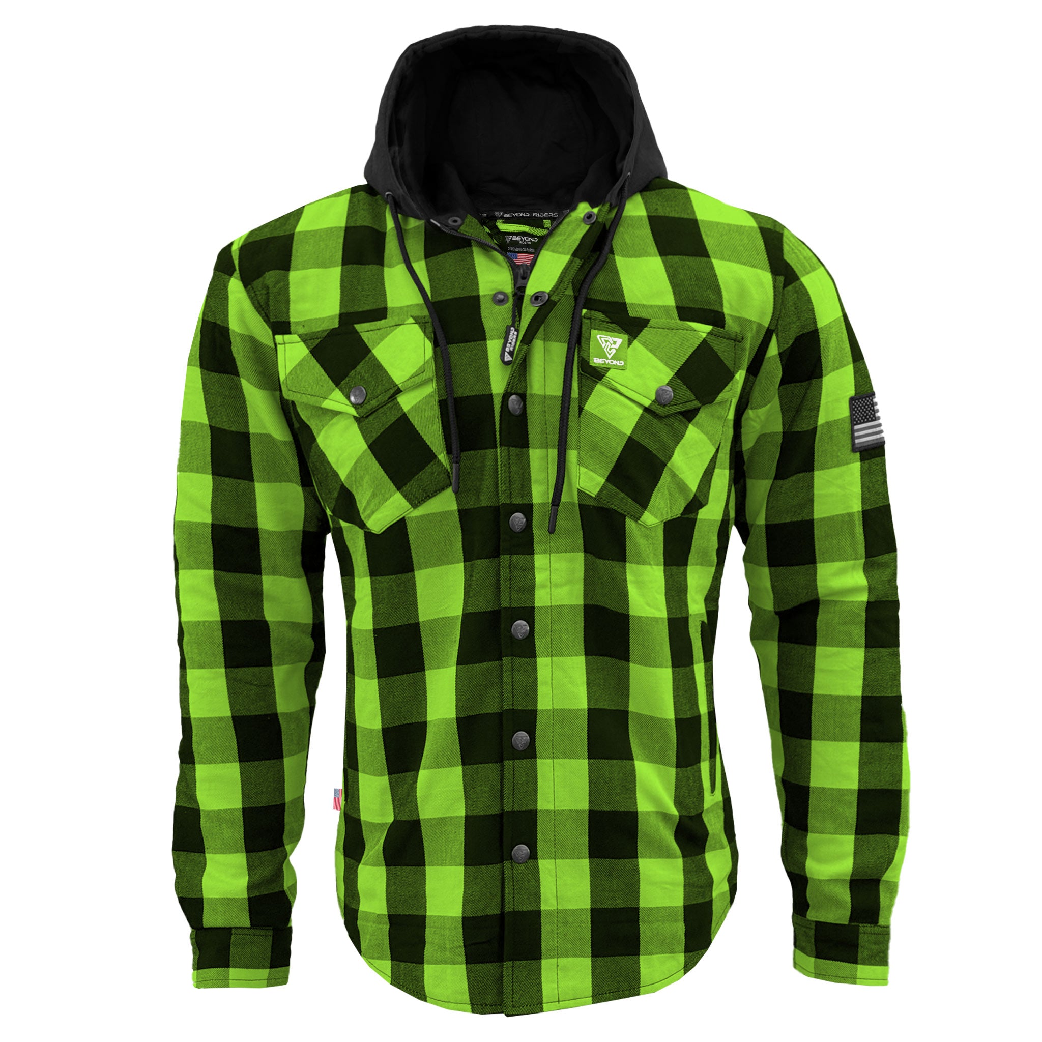 Protective Flannel Hoodie For Men - Green and Black Checkered with Pads