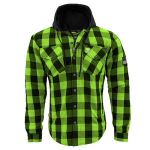 Protective Flannel Hoodie For Men - Green and Black Checkered with Pads