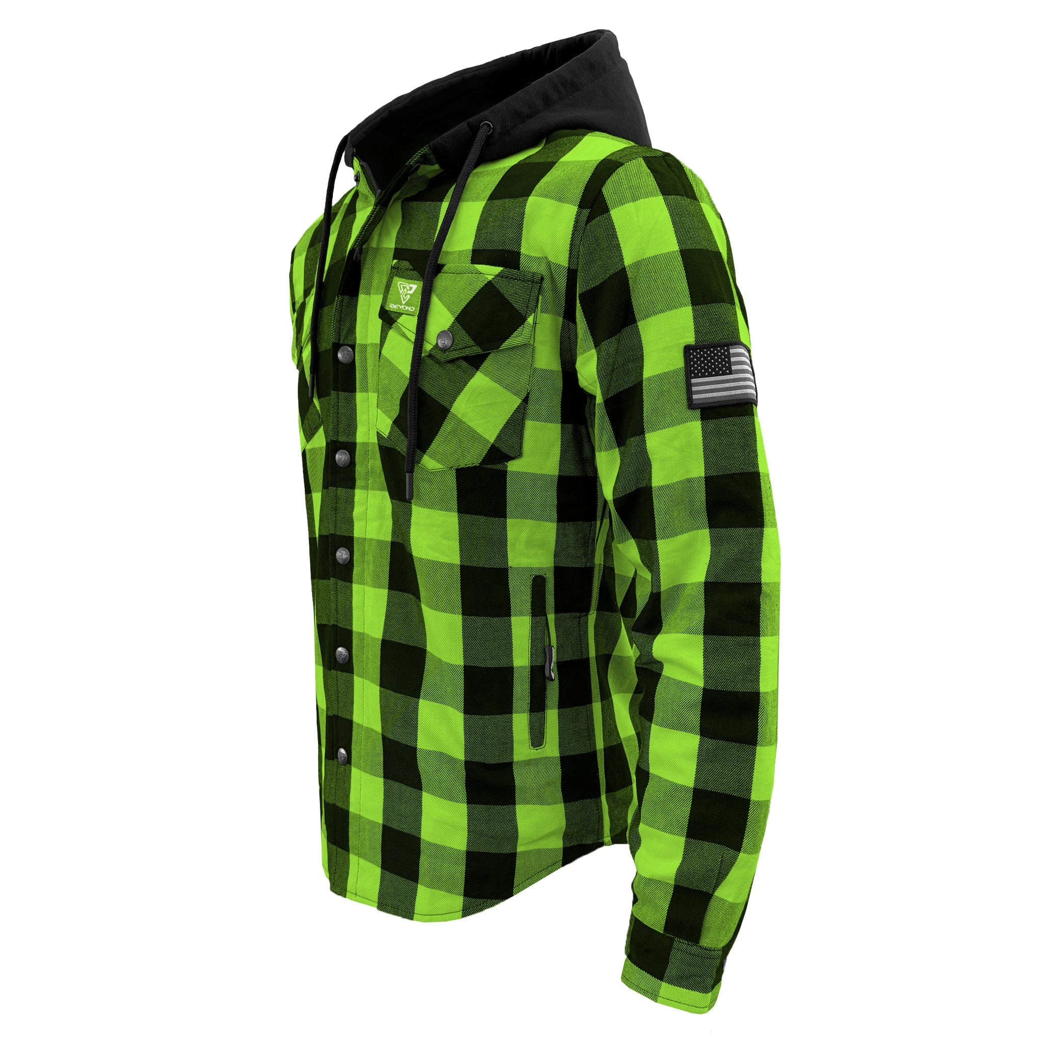 Protective Flannel Hoodie For Men - Green and Black Checkered with Pads
