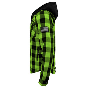 Protective Flannel Hoodie For Men - Green and Black Checkered with Pads