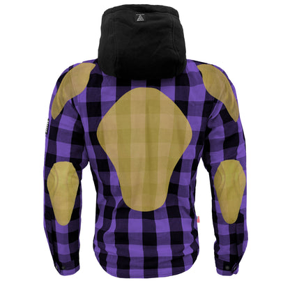 Protective Flannel Hoodie For Men - Purple and Black Checkered with Pads