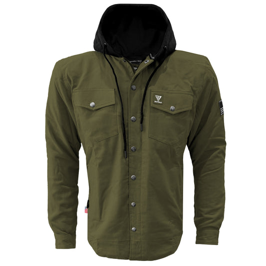 Protective Flannel Hoodie For Men - Army Green Solid with Pads