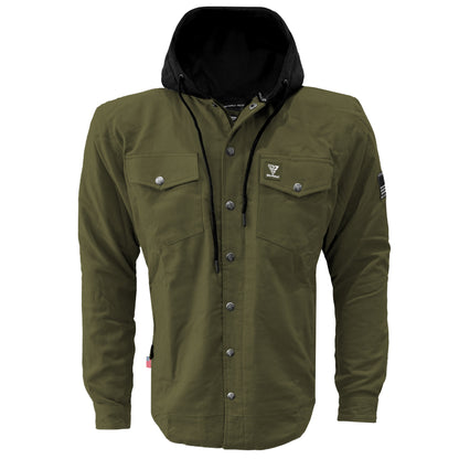 Protective Flannel Hoodie For Men - Army Green Solid with Pads