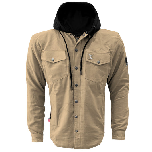 Protective Flannel Hoodie For Men - Khaki Solid with Pads