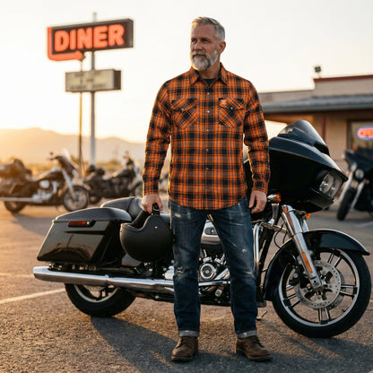 Protective Flannel Shirt For Men - Rusty Orange Plaid with Pads