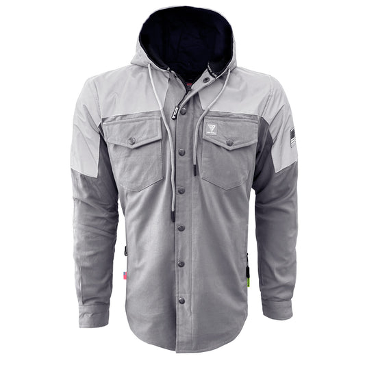 Protective Reflective Flannel Hoodie "Twilight Titanium" For Men - Grey and Silver with Pads