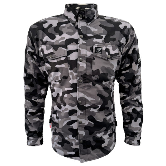 Protective SoftShell Winter Jacket for Men - Camouflage Gray Boomer with Pads