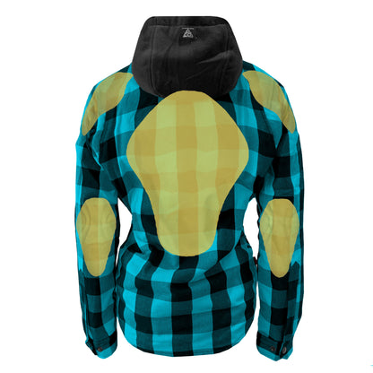 Protective Flannel Hoodie for Women - Aqua Blue and Black Checkered with Pads