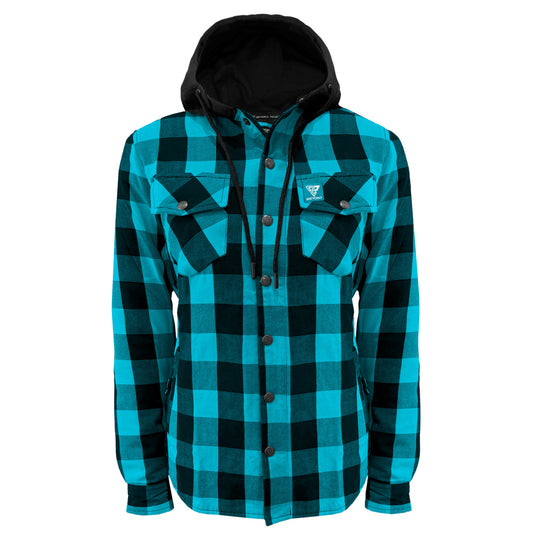 Protective Flannel Hoodie for Women - Aqua Blue and Black Checkered with Pads