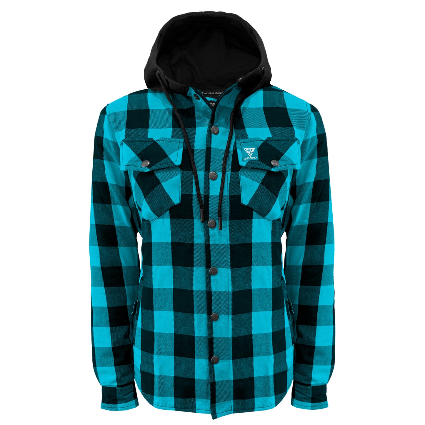 Protective Flannel Hoodie for Women - Aqua Blue and Black Checkered with Pads