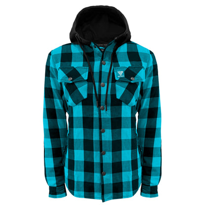 Protective Flannel Hoodie for Women - Aqua Blue and Black Checkered with Pads