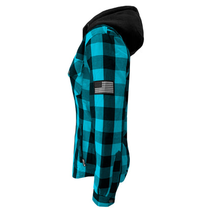 Protective Flannel Hoodie for Women - Aqua Blue and Black Checkered with Pads