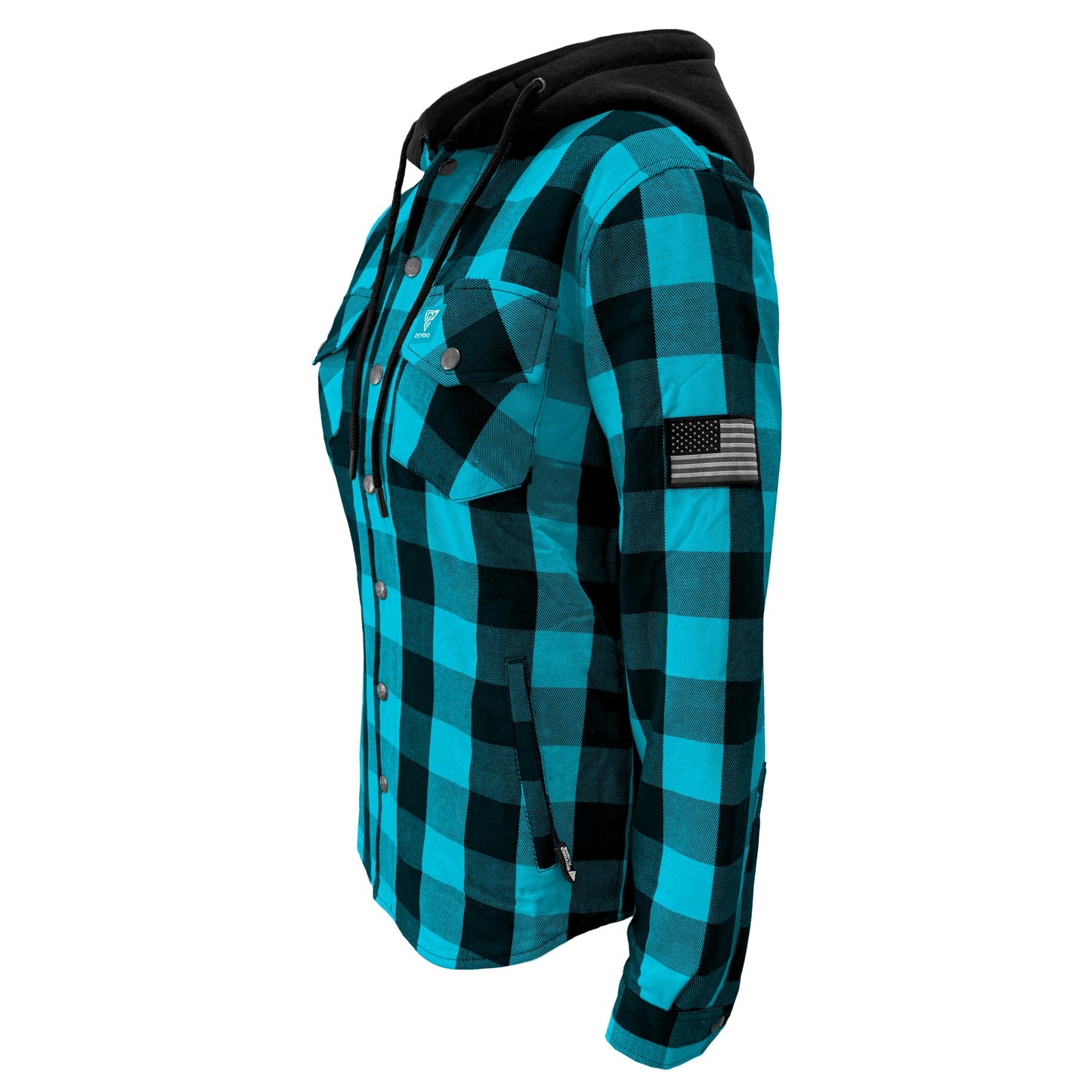 Protective Flannel Hoodie for Women - Aqua Blue and Black Checkered with Pads