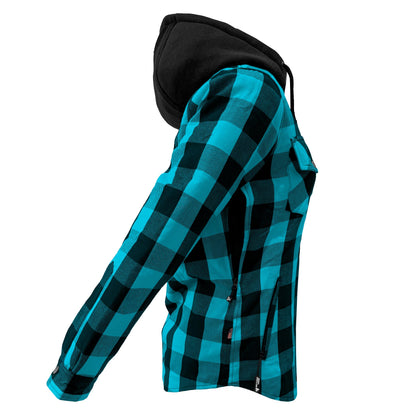 Protective Flannel Hoodie for Women - Aqua Blue and Black Checkered with Pads